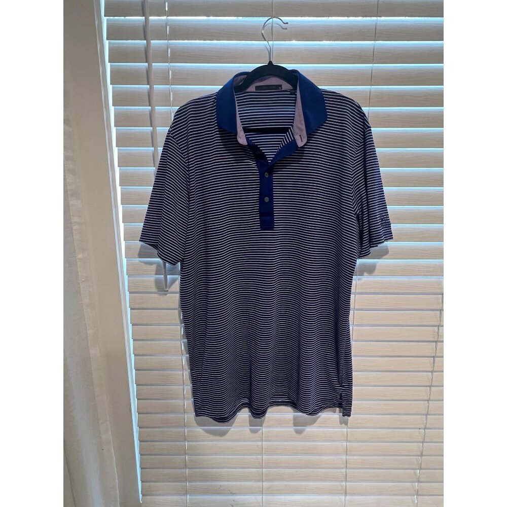 Greyson Mens XL Striped Polo Shirt Navy Blue White Short Sleeve Wolf Logo Golf